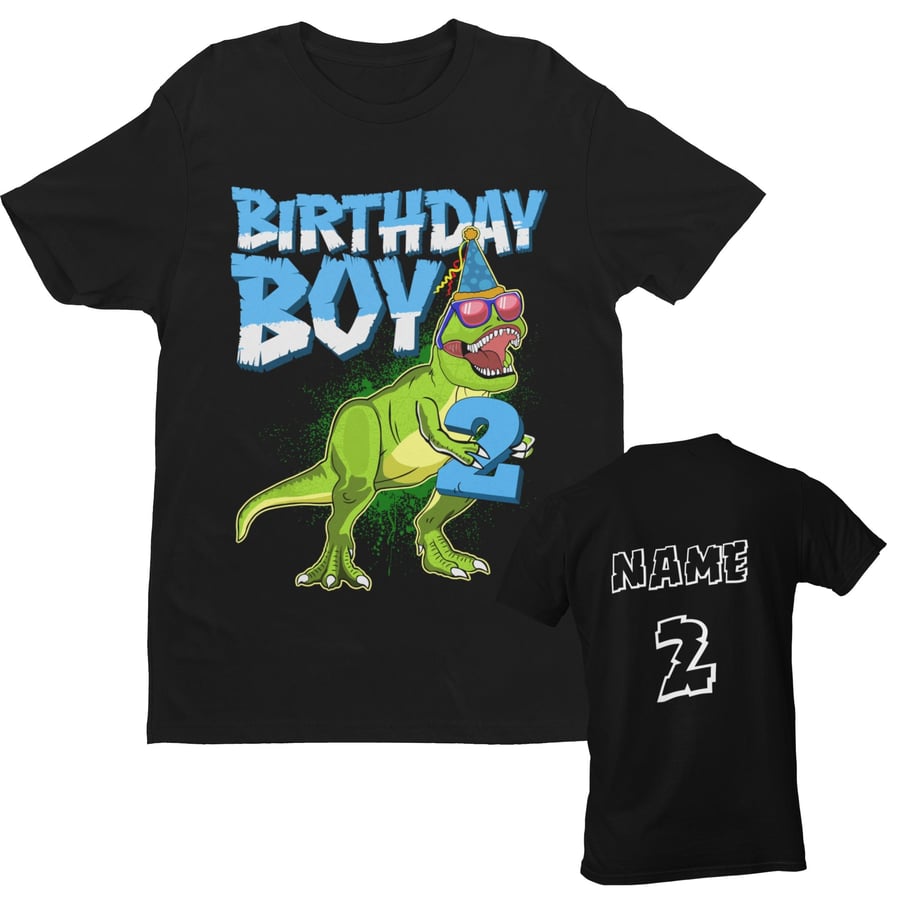 PERSONALISED Boys 2nd Birthday Dinosaur T Shirt with Name And Age on back