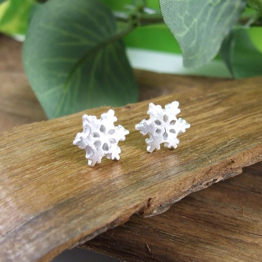 Sterling Silver Snowflake Earrings, Recycled Silver Studs Frosted Finish