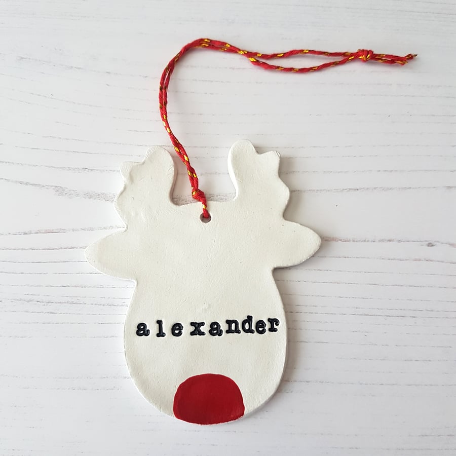 Christmas Personalised Rudolph white Hanging Decoration, Hand painted, Handmade