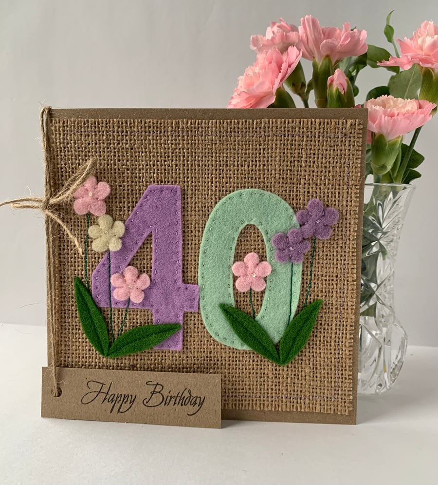 40th Handmade Birthday Card from felt. Keepsake Card. Textile card.