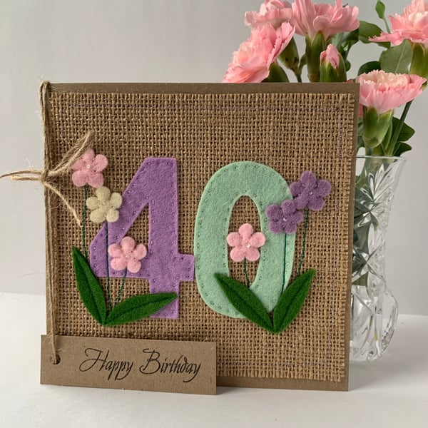 40th Handmade Birthday Card from felt. Keepsake Card. Textile card.