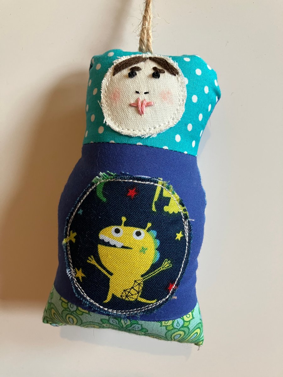 Decorative mini hanging doll hand made in Devon -Iggy 