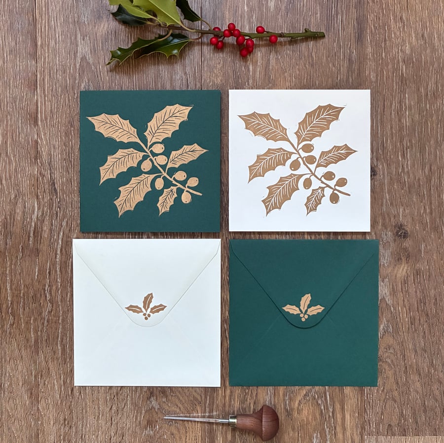 Gold and Green Holly Original Lino Cut Christmas Cards 