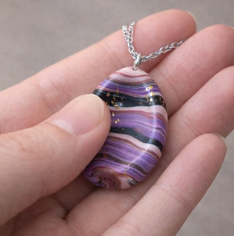 Handmade Polymer Clay Worry Stone Necklace Purple Marbled Calming Pendant