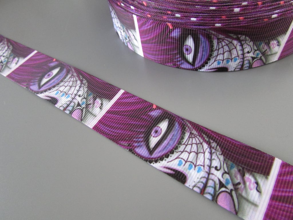 Purple Sugar Skull Calaveras Day of the dead Tattoo Grosgrain Ribbon x 1 metre