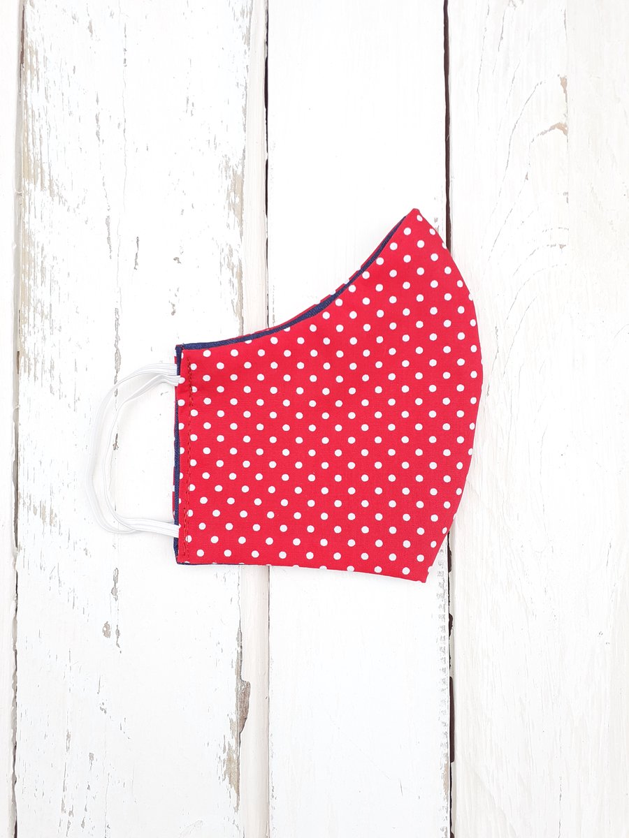 Handmade Reversible Face Mask  Adult size Bright Red and White Polka Dot.