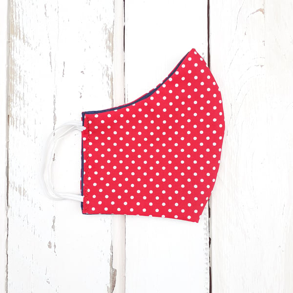 Handmade Reversible Face Mask  Adult size Bright Red and White Polka Dot.