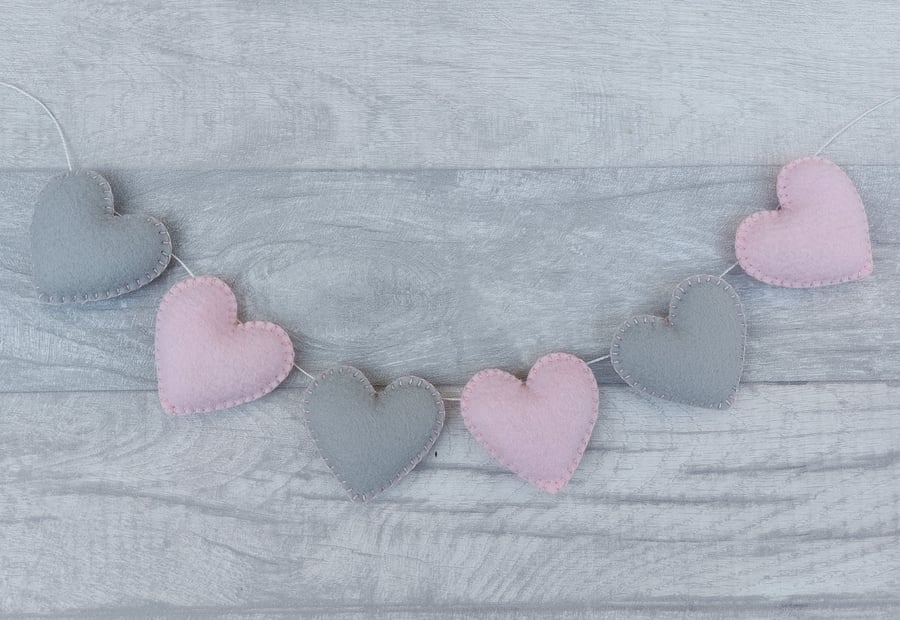 Pink and grey bunting, felt heart garland, teepee decoration, girl's bedroom