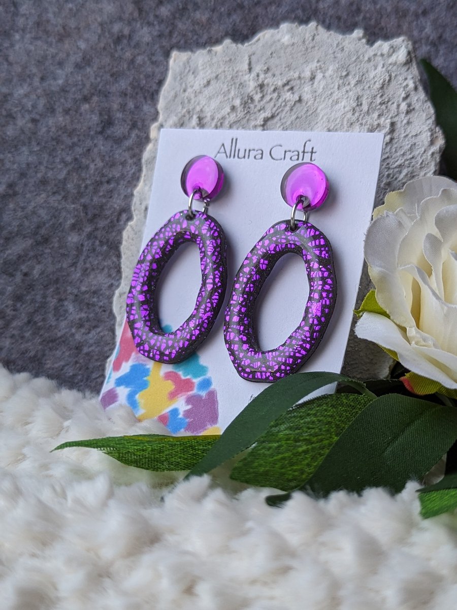 Purple Crackle Organic Oval Earrings
