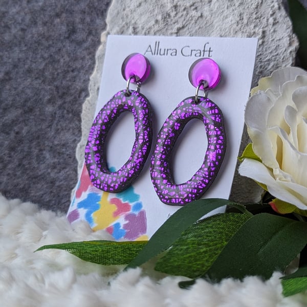 Purple Crackle Organic Oval Earrings