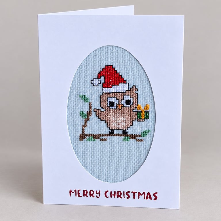 Handmade Cross Stitch Christmas Owl Card – Cute Festive Owl – 6 x 4 Inch