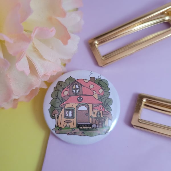 mushroom house button badge