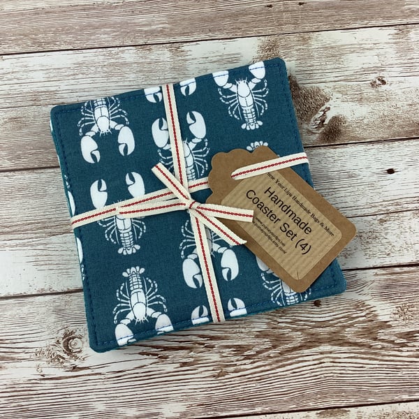 Lobsters coaster set, Fabric coaster set of 4, Handmade