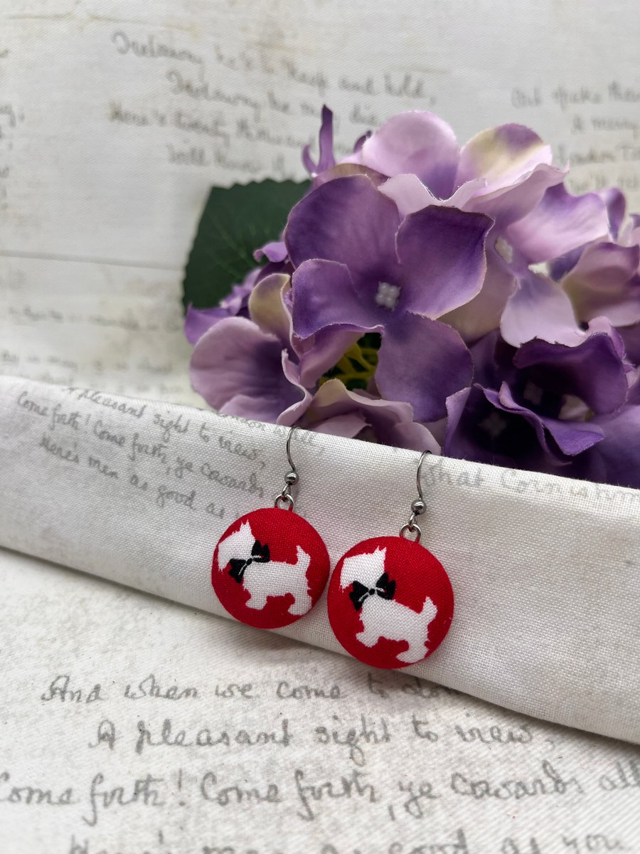 Westie fabric button festive dangle earrings gifts for dog lovers
