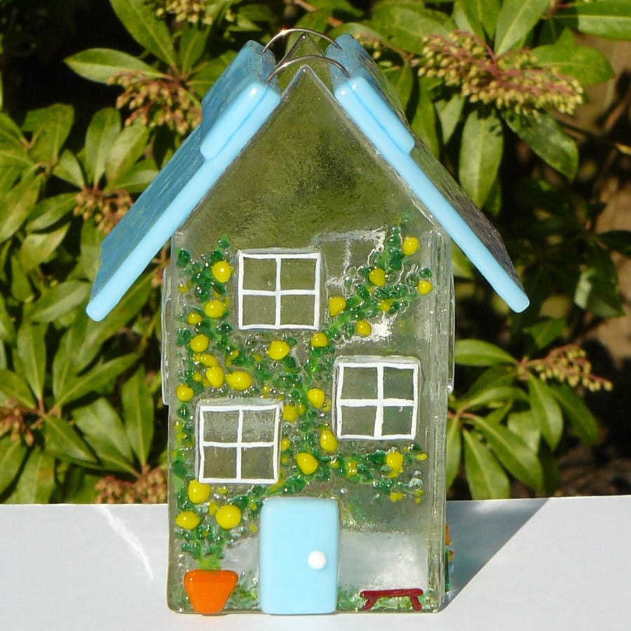 Fused Glass House with a Glacier Blue Roof