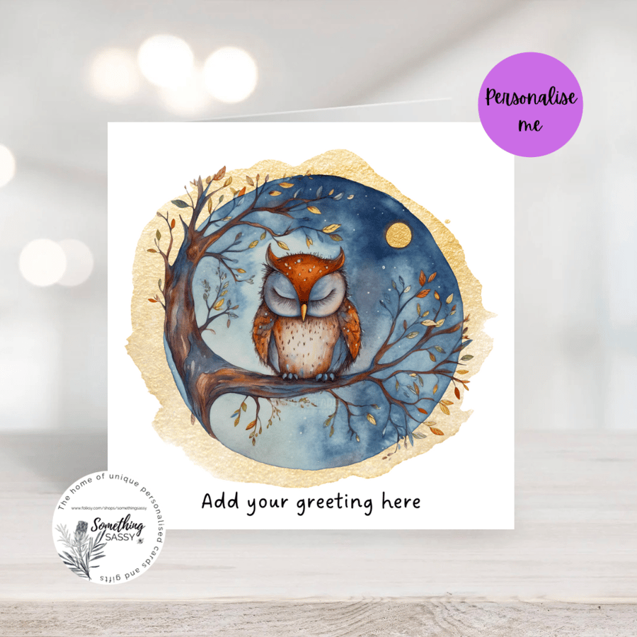 Personalised Watercolour Owl Greeting card personalised for any occasion