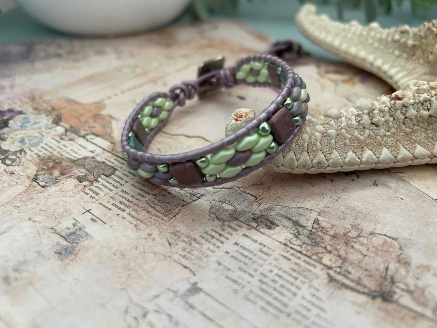 Pretty lilac beaded leather wrap adjustable boho bracelet 