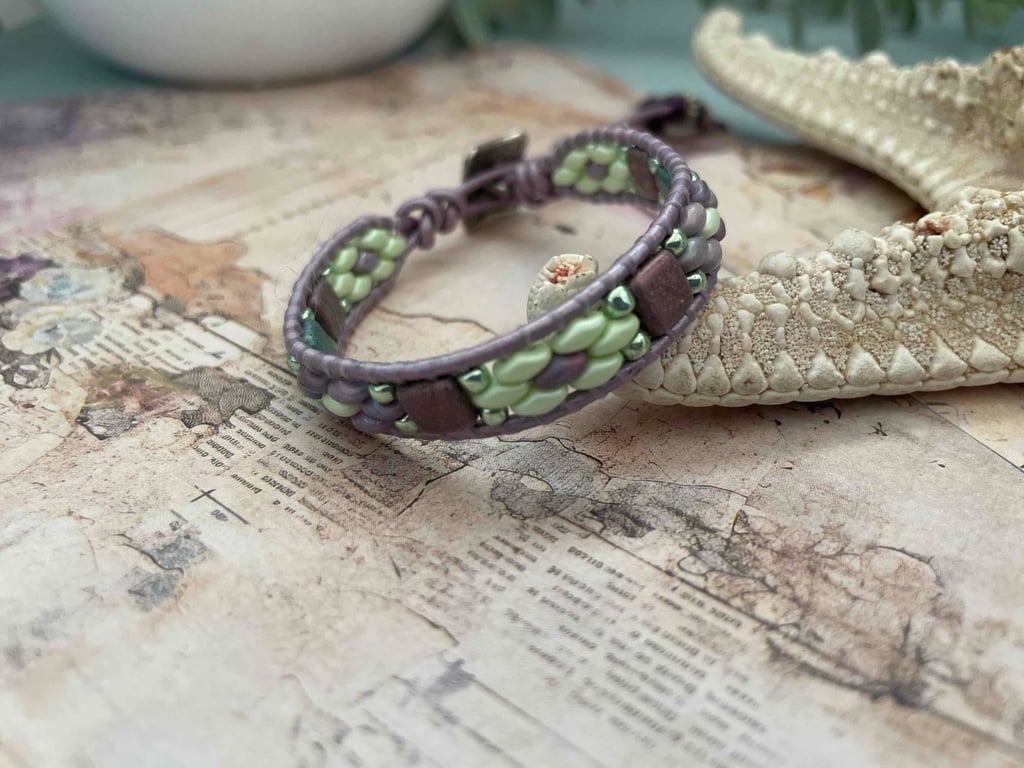 Pretty lilac beaded leather wrap adjustable boho bracelet 