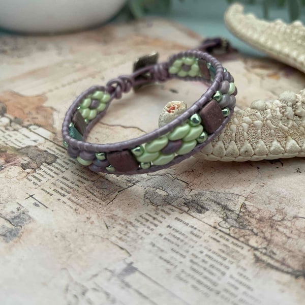 Pretty lilac beaded leather wrap adjustable boho bracelet 