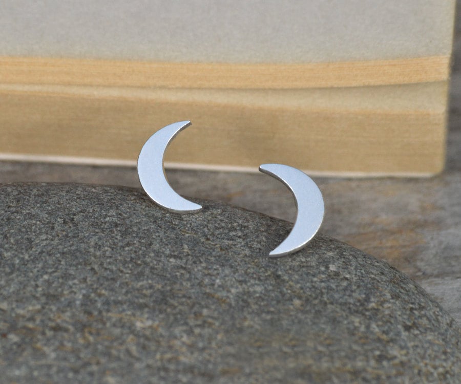 Crescent Moon Earring Studs In Sterling Silver
