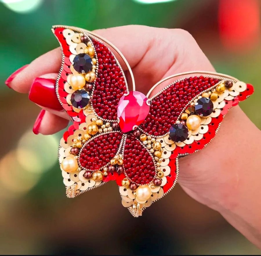 Handmade Red Butterfly Brooch Pin Beaded Statement Jewelry with Pearls & Crystal