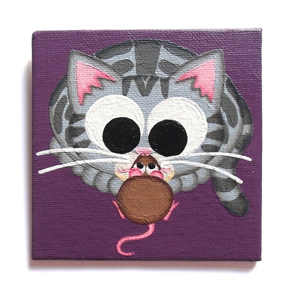 Cat and Mouse Purple Fridge Magnet - large painted magnet, original acrylic art