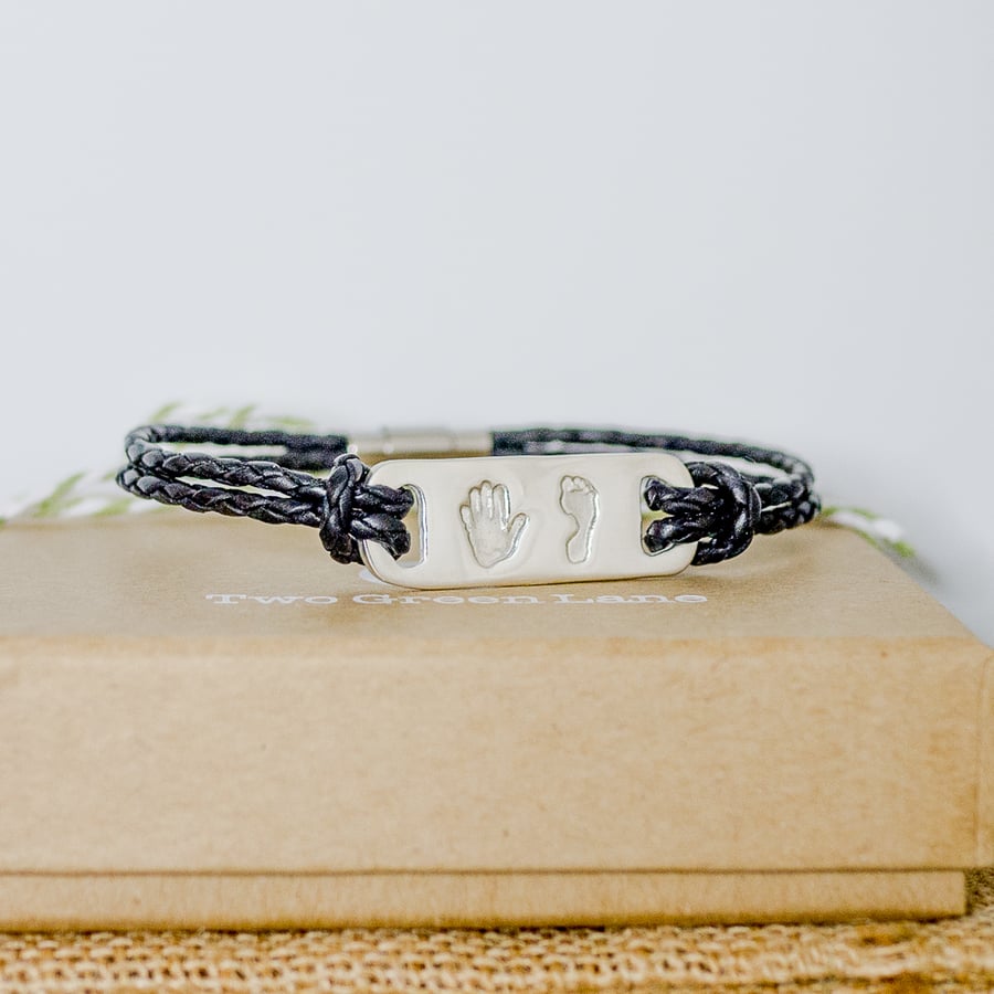 Men's Black Leather Hand and Footprint Bracelet