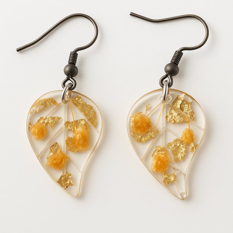 Peach Flower Leaf Resin Earrings – Gold Leaf Botanical Dangles