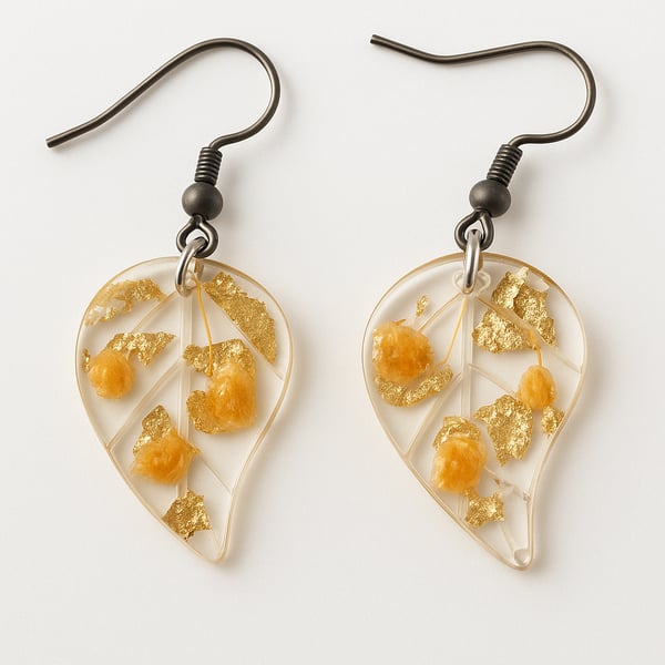 Peach Flower Leaf Resin Earrings – Gold Leaf Botanical Dangles
