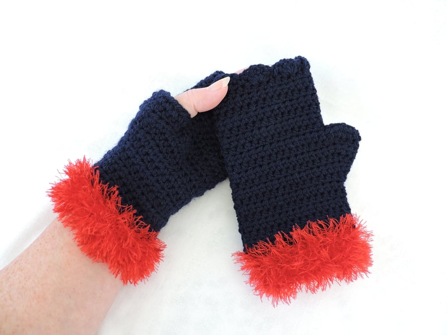 Crochet Fingerless Mitts  Navy Blue with Red Fluffy Cuffs