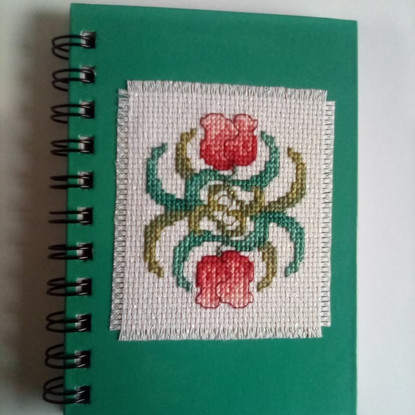 Beautiful hand stitched cross stitch spiral bound ruled floral notebook.