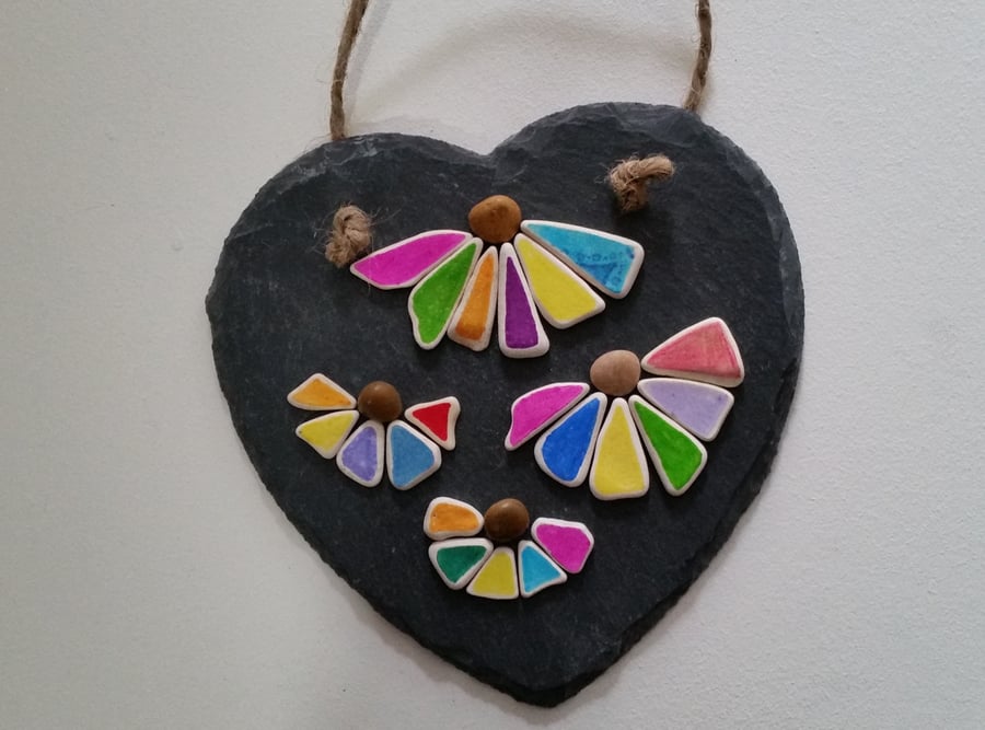 Slate heart, Colourful Sea Pottery, Abstract Art, Cornish Gifts, Cornwall