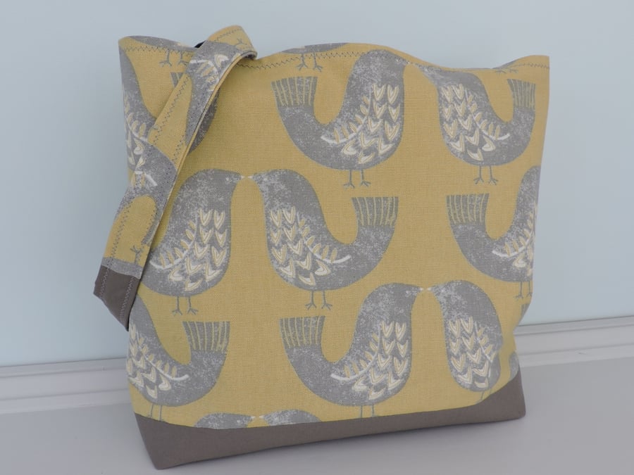 Tote Bag Shopping Bag  Grey Birds on Mustard