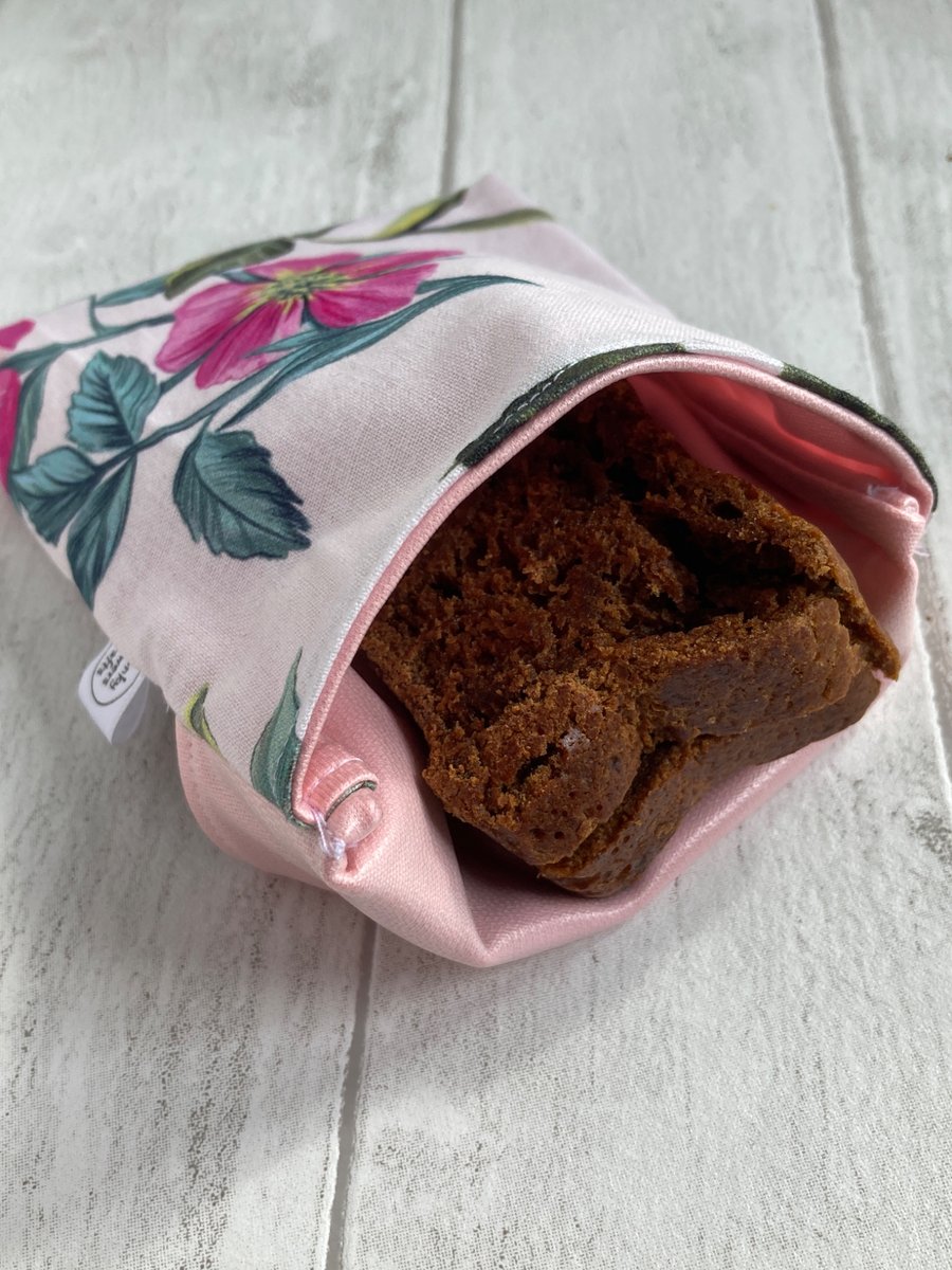 Floral snack bag with food-safe lining. Reusable and eco-friendly