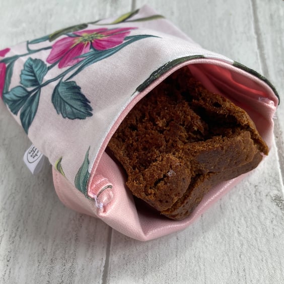 Floral snack bag with food-safe lining. Reusable and eco-friendly