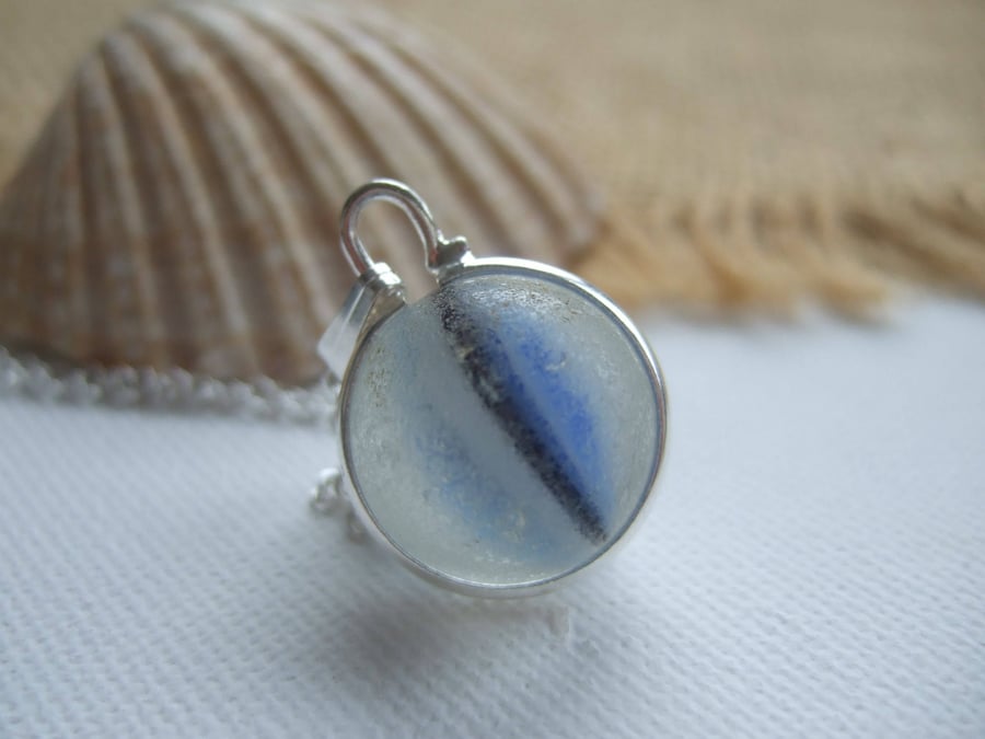 Blue marble necklace, Blue white black cat's eye marble necklace, sea glass