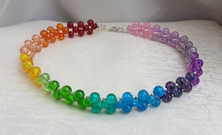 Gorgeous Rainbow Glass Wide Choker Necklace
