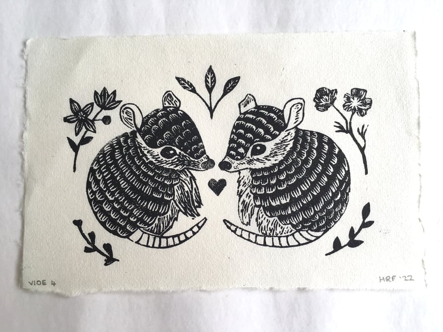 Armadillo Print, original linocut, animal lino print, cute armadillo art