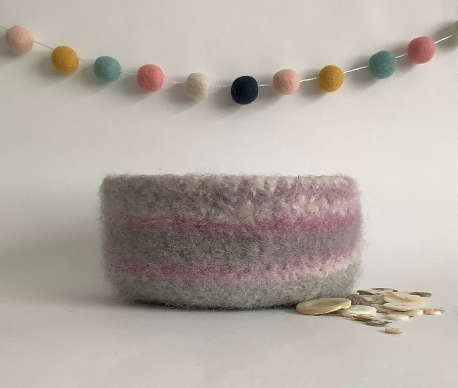 FELTED 'FUSSPOT'  BOWL ,desk tidy . 'Dawn' .Pastel pink , grey