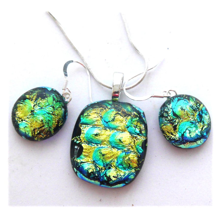 SOLD Dichroic Glass Pendant Earring Set 084 Lime Teal with Silver Plated Chain