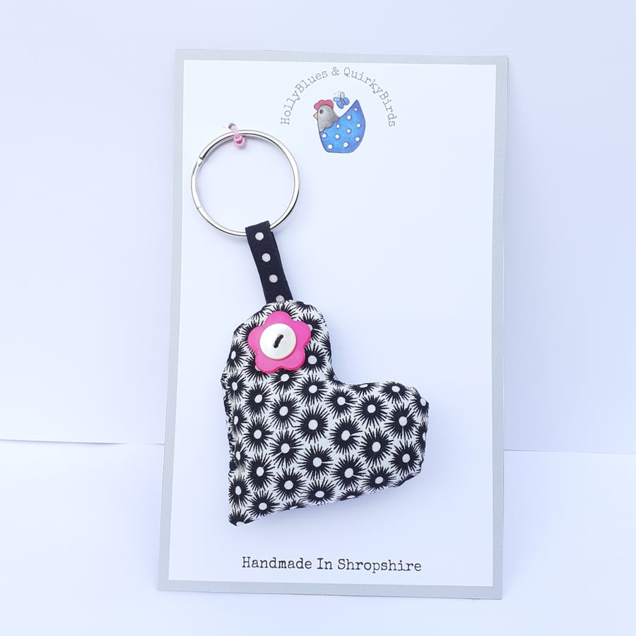 Black and white  Polka Dot Padded Heart Key Ring