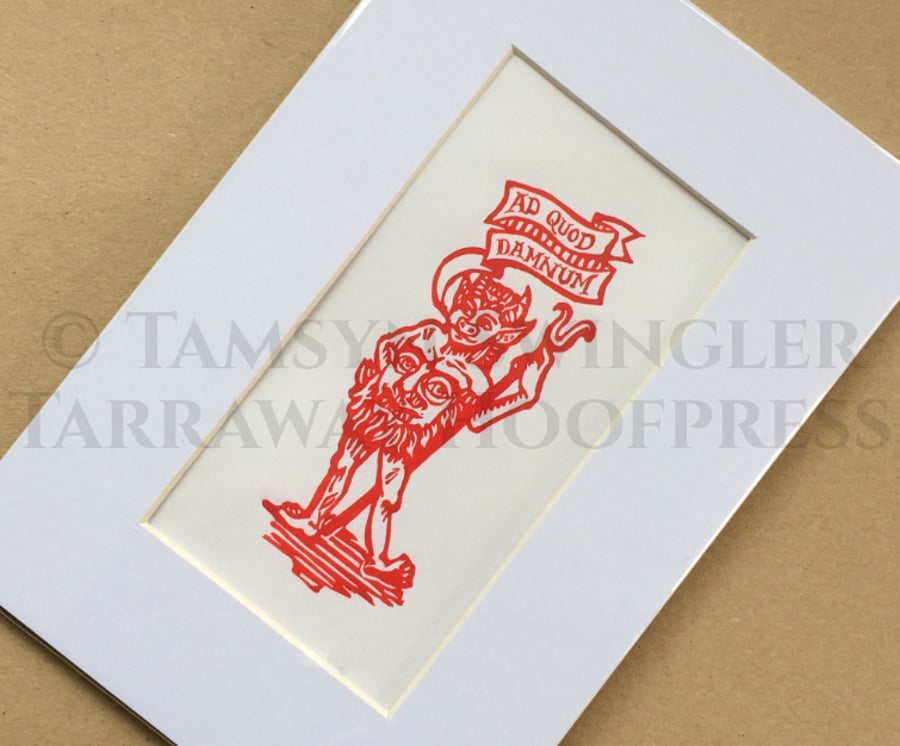 Ad Quod Damnum - Limited Edition Linoprint Devil - Tiny Print in Red