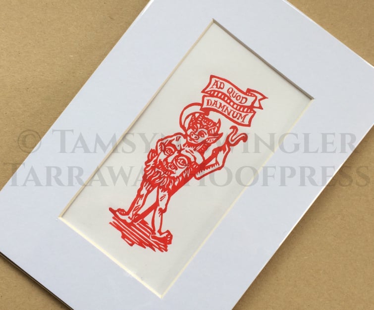 Ad Quod Damnum - Limited Edition Linoprint Devil - Tiny Print in Red