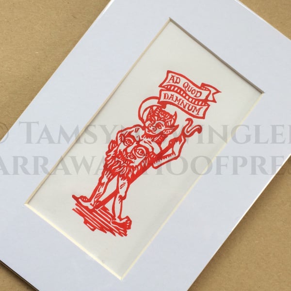 Ad Quod Damnum - Limited Edition Linoprint Devil - Tiny Print in Red