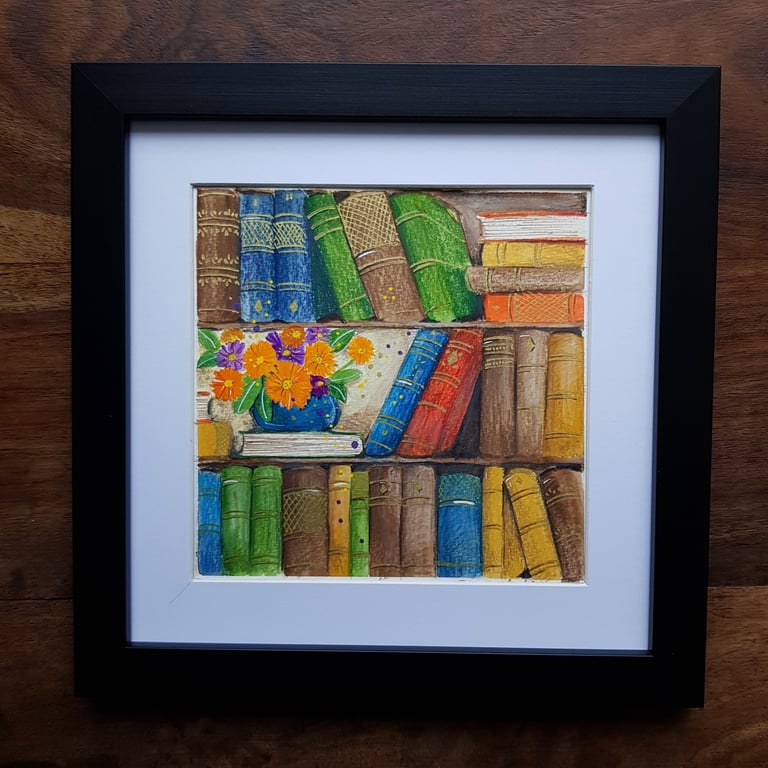Three whimsical bookshelves with flowers, framed original artwork 