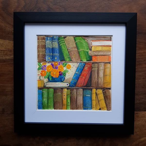 Three whimsical bookshelves with flowers, framed original artwork 