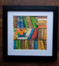 Three whimsical bookshelves with flowers, framed original artwork 