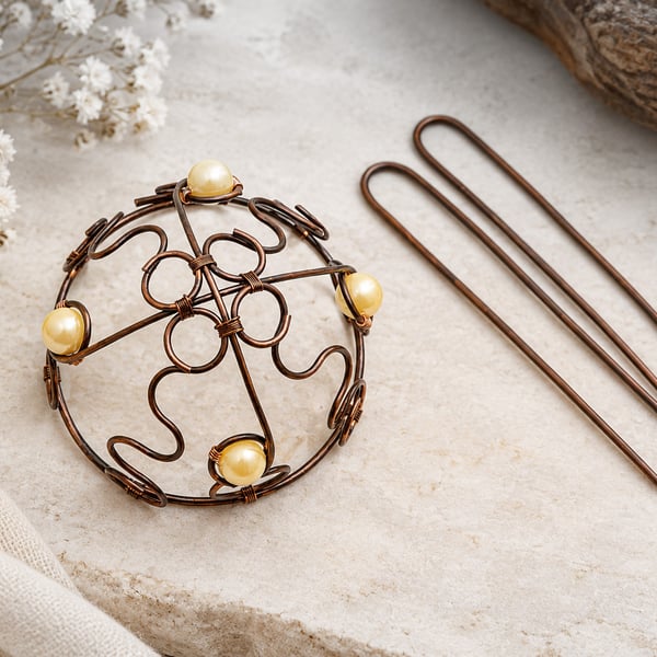 Handmade Antique Copper & Pearl Hair Bun Holder Bohemian Wedding Hair Accessor