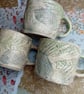 Small rustic mug,tea cup, linocut design fern leaf green blue speckle