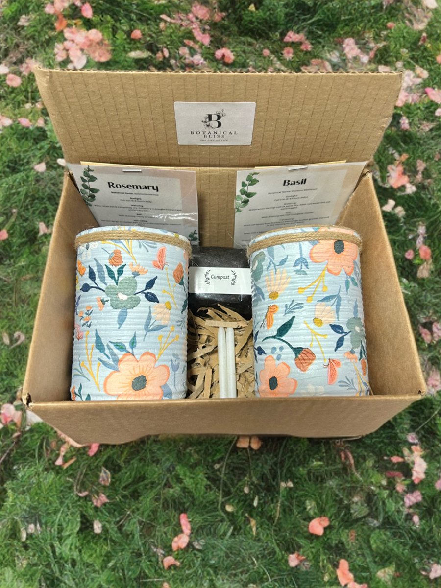 Grow your own herbs gift set indoor house planters pastel blue and peach floral 